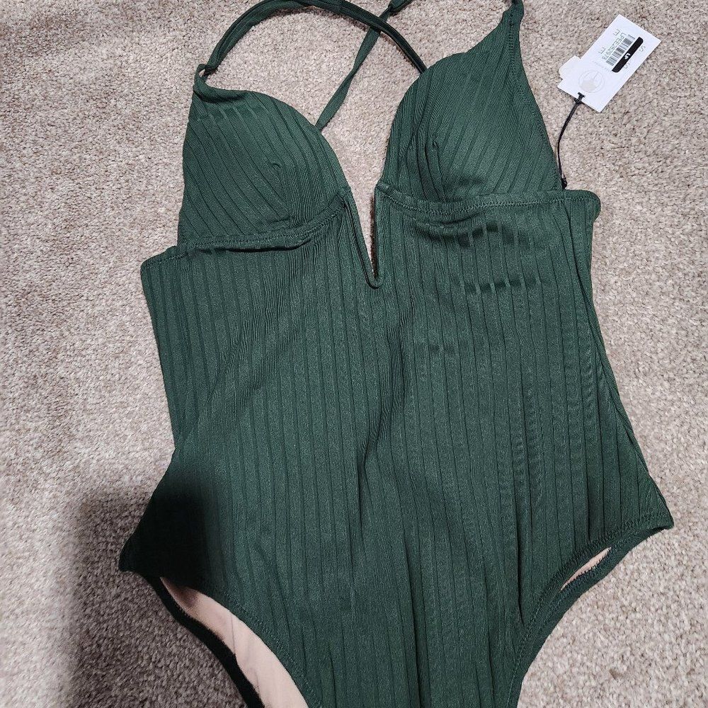 Women's Ribbed Plunge Front V-Wire One Piece Swimsuit - Shade & Shore Dark Green - Picture 7 of 8